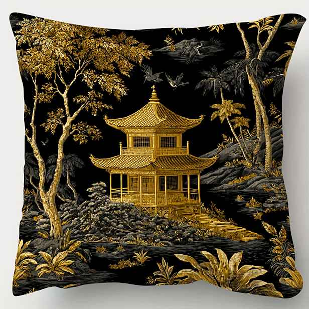 TEMU 1ks Luxusní Chinoiserie Černý & Zlatá Pagoda Potah na Polštár - Oboustranně Krátkým plyšem 18x 18 Palců Dekorativního Krytu s Uzavíráním Na zip,