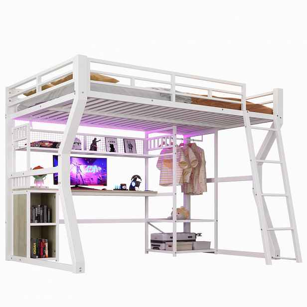 CHICFURN VYVÝŠENÁ POSTEL 140/200 cm v bílé barvě s LED osvětlením, zásuvkou a psacím stolem