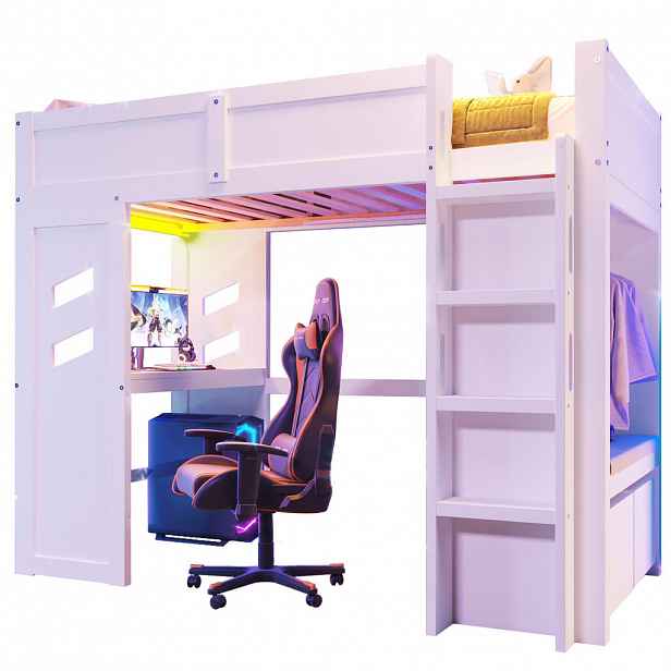 FLIEKS VYVÝŠENÁ POSTEL 90x200cm Gaming Stůl LED USB-C Bílá