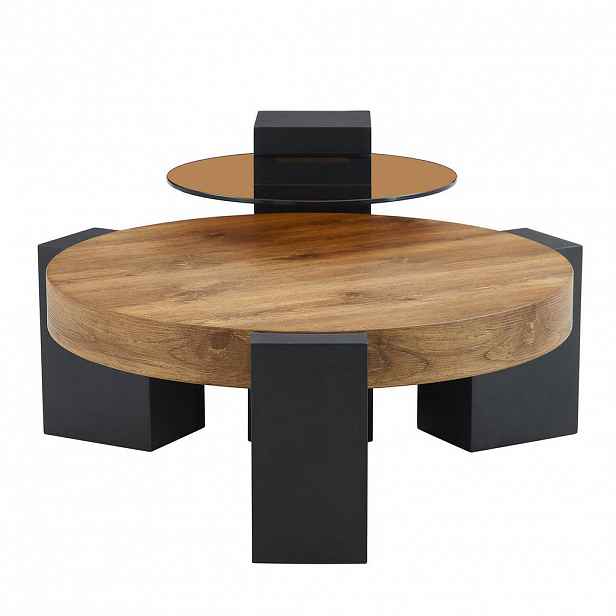 Modfu SADA konferenčních stolků z MDF a skla 61x61x30 cm černá/dekor dřeva, 2 úrovně, rozložitelné