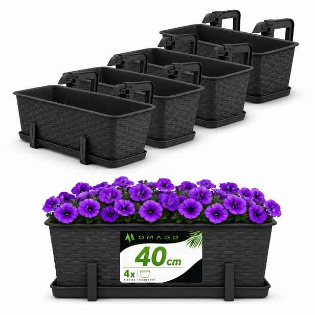 4 X Květináč Balkonový Truhlík 40 cm Držáky Antracit Set
