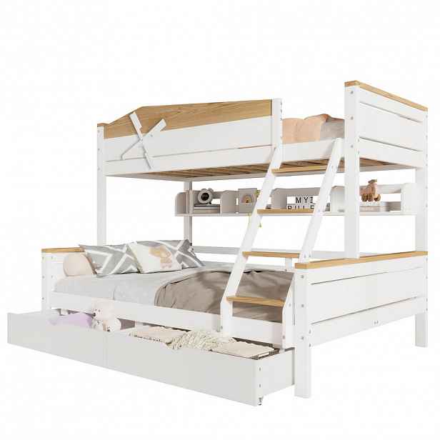 CHICFURN PATROVÁ POSTEL 90/200 cm & 140/200 cm v bílé a přírodní barvě se zásuvkami a policemi