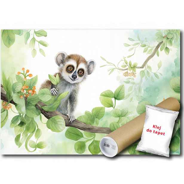 Vinylová Fototapeta Lemur Zvíře Zvířátko Větev Dřevo Zeleň 152x104
