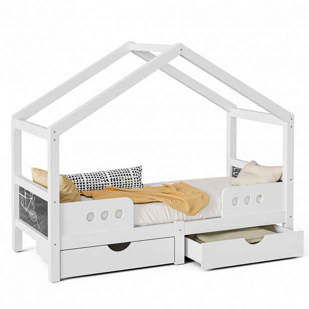CHICFURN DĚTSKÁ POSTEL 90/200 cm v bílé barvě se stříškou, 2 zásuvkami a tabulí