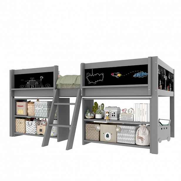 FLIEKS POLOVYSOKÁ POSTEL 90x200cm Borovice Police Žebřík Šedá