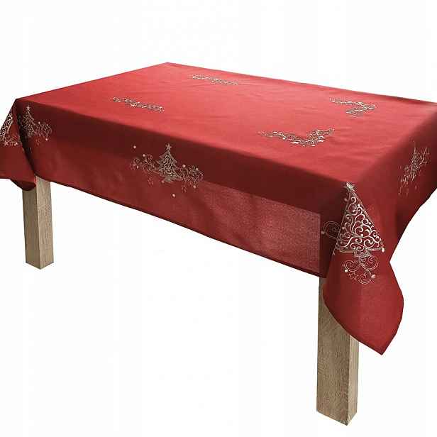 Vánoční ubrus 140x220 Klasické Vánoce, červený, vyšívaný