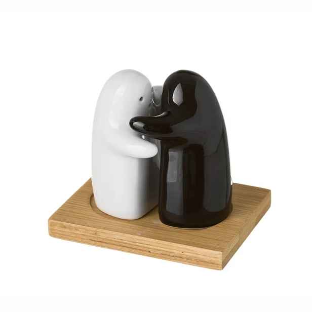 HowHomely Sada 2 ks keramické slánky a pepřenky SALT & PEPPER černá/bílá