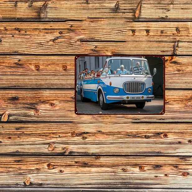 TEMU 2D Plochá, Vintage Modrobílá Autobusová Kovová Nástěnná Dekorace - 12"x8" (30x20cm) Retro Dekorace Veřejné Dopravy, Plechová Vintage Autobusová