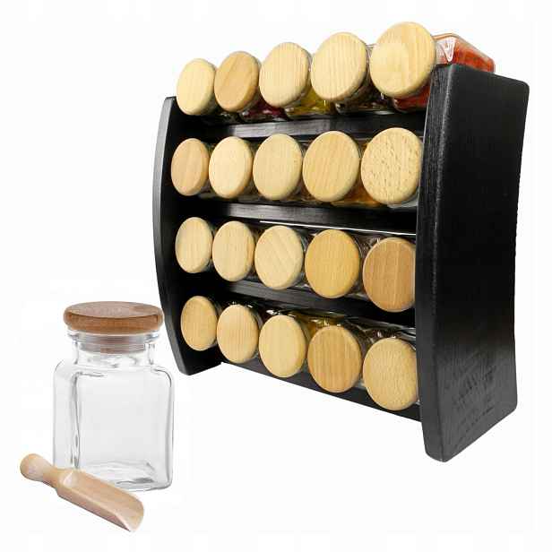 Dřevěný Kořenící stojan a sklenice na koření 150 Ml 20 ks a lopatka