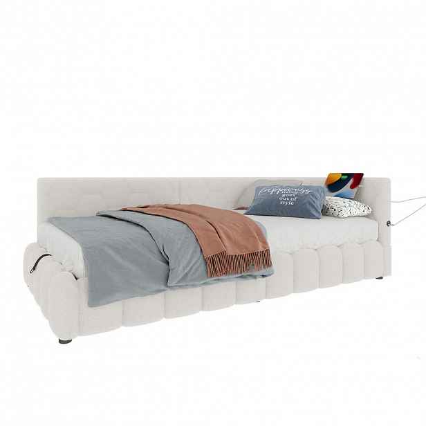 WISHDOR ROZKLÁDACÍ POHOVKA 90/200 cm v bílé barvě s úložným prostorem, LED osvětlením, USB a Type-C