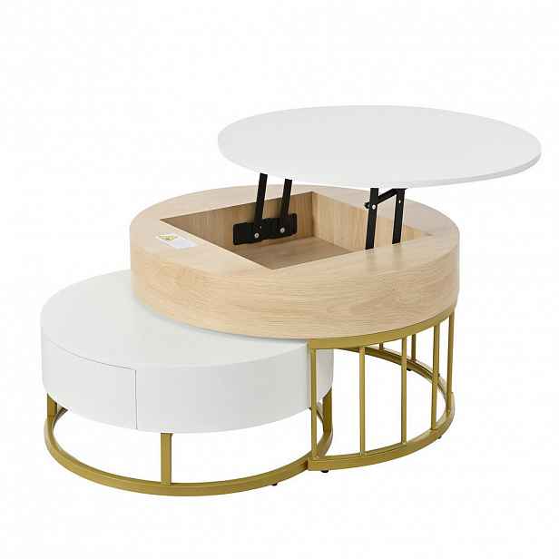 Modfu KONFERENČNÍ stolek z MDF 70x70x56 + 60x60x27 cm bílý a zlatý s výškově nastavitelnou deskou a zásuvkou