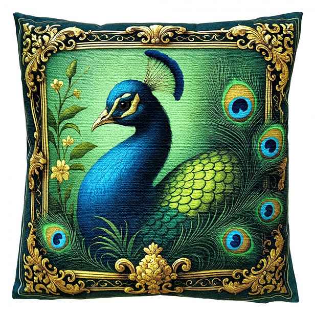 Dekorační polštář s motivem páva ve zlatém rámu - 45*45*4 cm Clayre & Eef