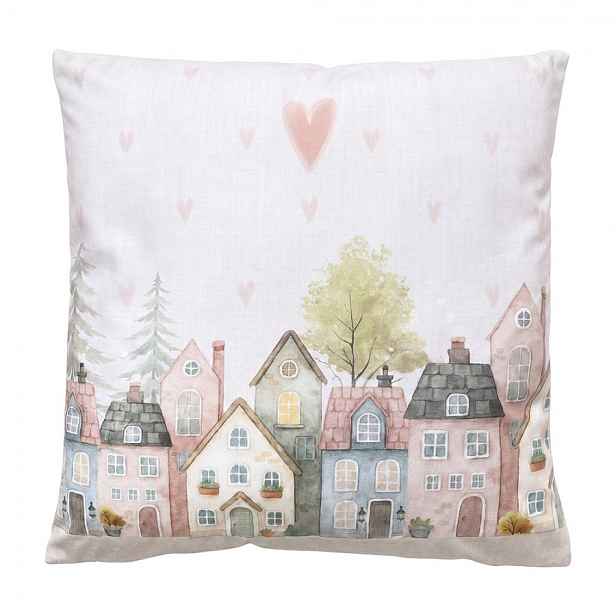 Béžový polštář se srdíčky a domky Hearts & Houses - 45*45*4 cm Clayre & Eef