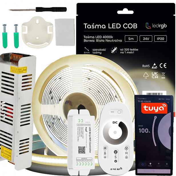 Sada Led pásků Cob 12V 5 m 4000K Bílá Neutrální Napájecí Zdroj Tuya Wifi Dálkový Ovladač