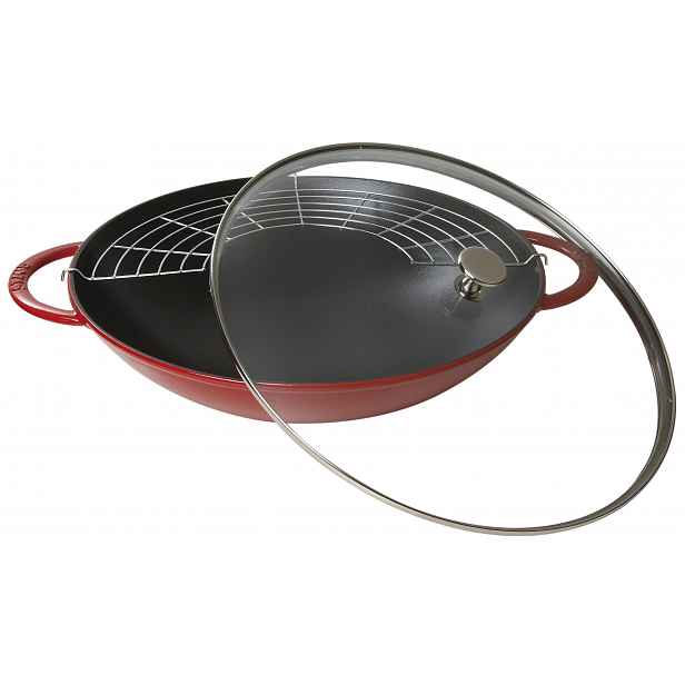 Litinový wok se skleněnou poklicí Staub, 37 cm, višňová
