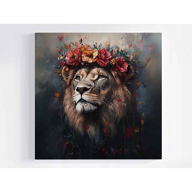Obraz Na Plátně Canvas Portrét Zvířete Lev Král Věnec Květiny Boho 50x50