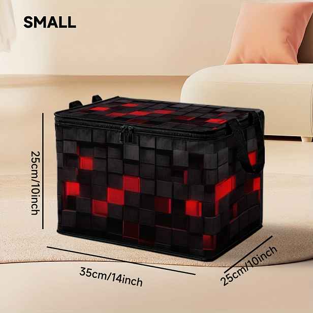 TEMU Jeden úložný koš na knihy s víkem a abstraktním designem černých a červených geometrických kostek. Má velkou kapacitu, díky které je ideální pro
