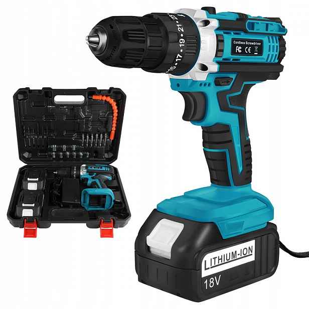 18V Elektrická Vrtačka 25N.M S Baterií 2X1200MAH V Modré Barvě