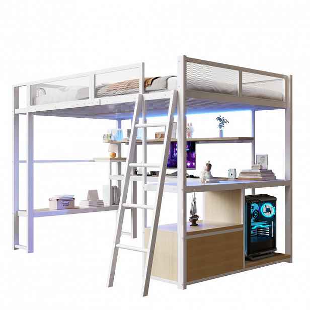 CHICFURN VYSOKÁ POSTEL 140/200 cm v bílé barvě s psacím stolem, LED osvětlením a úložným prostorem z kovu