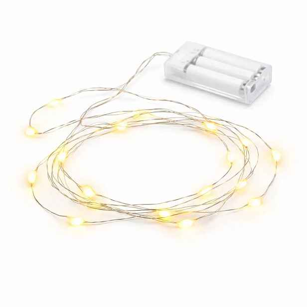 LED světýlka na baterie, kapičky, 2 m, teple bílá, 20 diod, drátek, IP20 interiér, 3 × AA