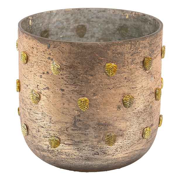 Bronzový antik skleněný svícen se zlatými lístečky - Ø 13*13 cm Clayre & Eef