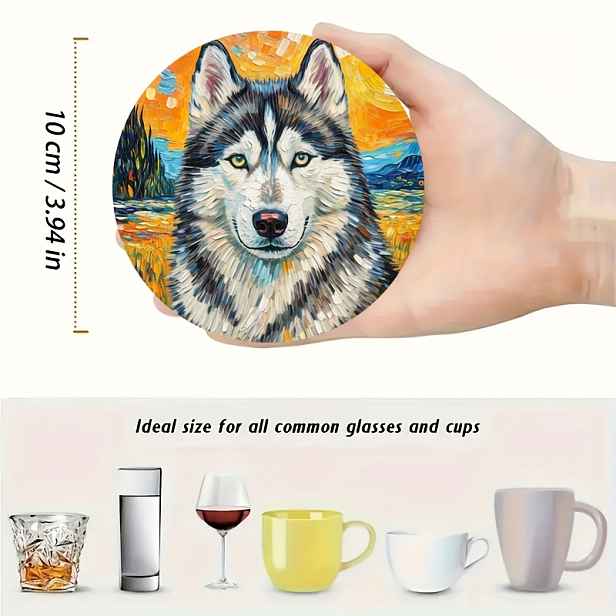 TEMU 6ks Sada dřevěných podložek - Roztomilé podložky Husky, Podložky ve stylu Van Gogh, Dárek Dekorativní podložka, Kuchyňské potřeby, Vhodné pro