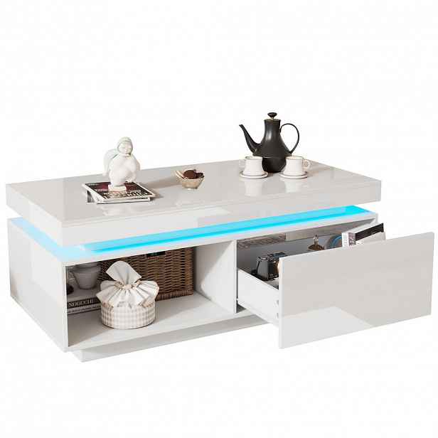 CHICFURN KONFERENČNÍ STOLEK 100/50/40,3 cm v bílé barvě z dřevotřísky s LED osvětlením a zásuvkou