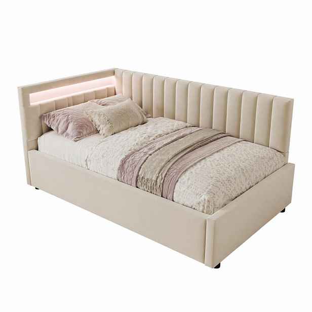 CHICFURN ČALOUNĚNÁ POSTEL 90/200 cm v béžové barvě s úložným prostorem, LED osvětlením a sametem