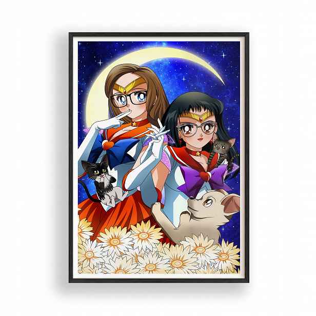 Obraz Sailor Moon Mars Mercury Anime Plakát Rámeček Dřevěný Černý 30x42 cm