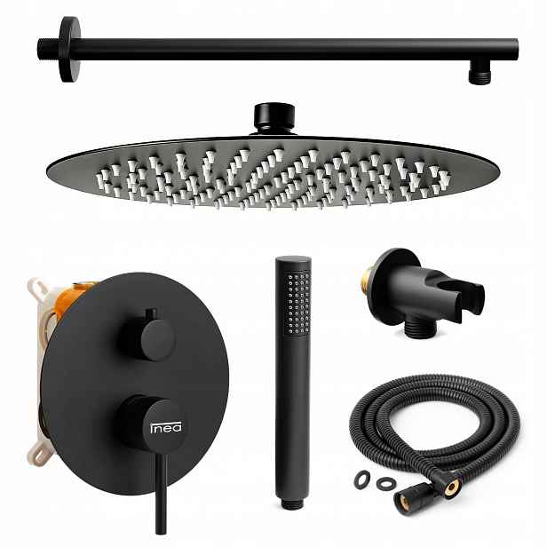Podomítkový Sprchový Set Černý Mat S Velkou Dešťovou Sprchou 25 CM