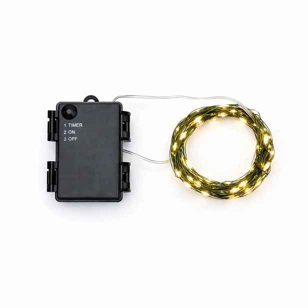 LED světýlka na baterie, kapičky, 5,3 m, teple bílá, 50 diod, zelený drátek, IP44, venkovní, 3 × AA