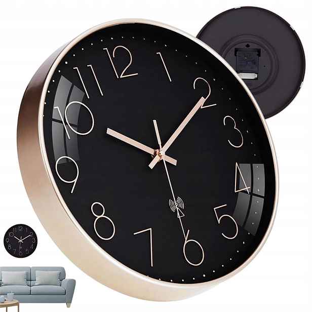 Tichý nástěnný rádiový hodinový stroj 30 cm černo-růžově zlatý do školy