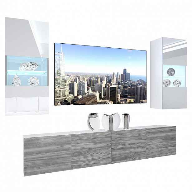 B BELINI GROUP OBÝVACÍ STĚNA s LED osvětlením TV skříňka Bílá/Glamour dřevo