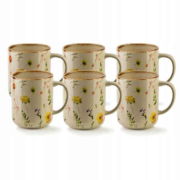 Porcelánové šálky na čaj 400 ml Sada 6 ks s květinami a zlatem