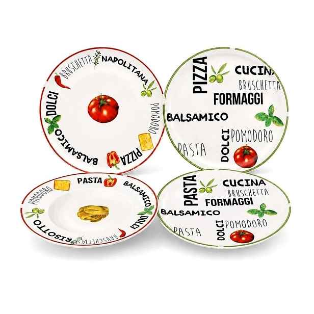 Sada talířů na pastu a pizzu 4 el. Porcelánové Hluboké Ploché 2 vzory