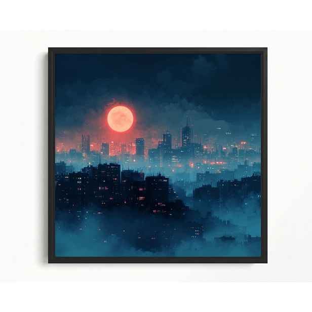 Obraz Rám Americký Box Město Mrakodrapy Bloky Noc Červený Měsíc 50x50