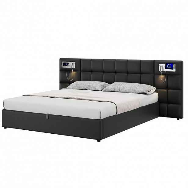 CHICFURN ČALOUNĚNÁ POSTEL 180/200 cm v černé barvě s úložným prostorem, USB a bezdrátovým nabíjením