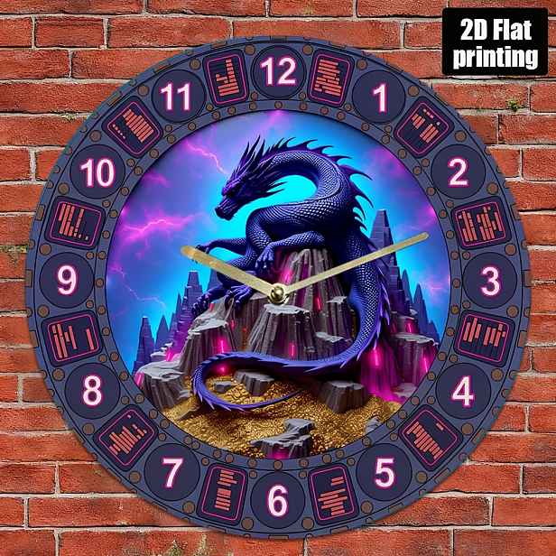 TEMU Tichý Dračí Nástěnný Hodiny - 7,87-palcové 2D Dekorativní Nástěnné Hodiny z Umělé Kůže s Živým Modrým Dračím Designem, Zlatými Ručičkami a LED