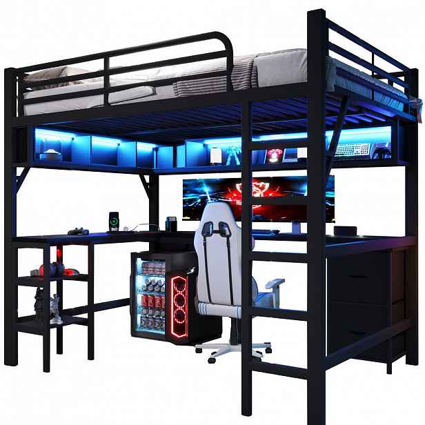 CHICFURN VYVÝŠENÁ POSTEL 140/200 cm v černé barvě s psacím stolem, LED a USB