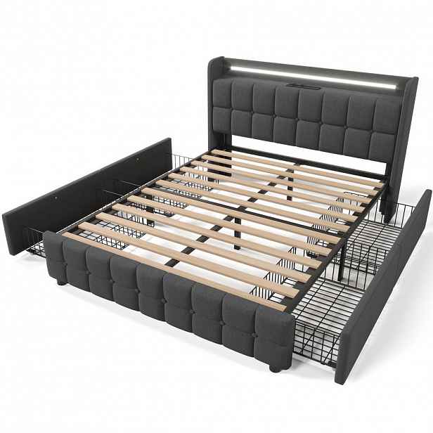 WISHDOR ČALOUNĚNÁ POSTEL 140/200 cm v Šedé Barvě se 4 Zásuvkami, LED a USB