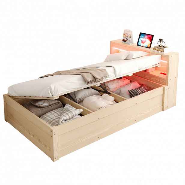 CHICFURN POSTEL 90/200 cm v přírodní barvě s úložným prostorem, LED osvětlením a zásuvkou