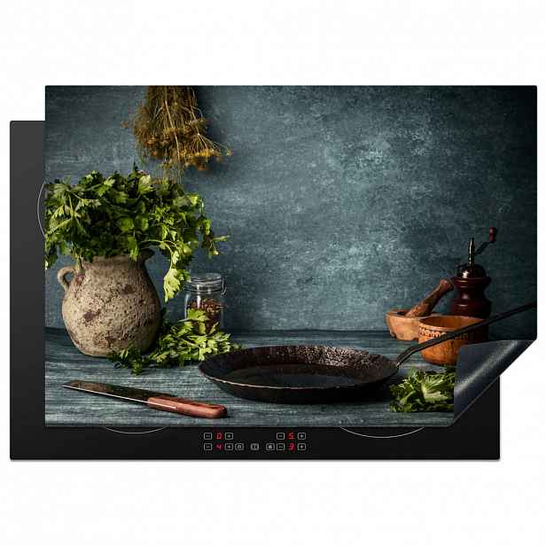 MuchoWow KRYT NA INDUKČNÍ DESKU Bylinky - Koření - Pánev - Nůž - Šedý - Rustikální 75x52 cm