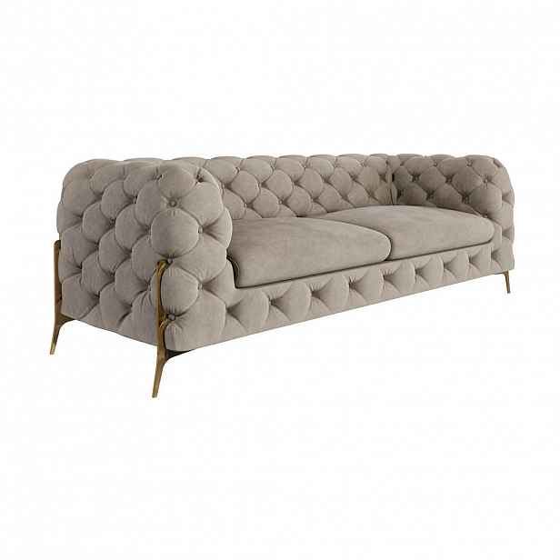 S-Style CHESTERFIELD TŘÍMÍSTNÁ POHOVKA Lexi z tmavé krémové sametu se zlatými nohami
