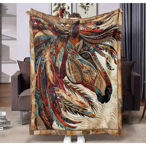 Deka barevná Kůň Koně rostliny Boho Art měkká teplá jako dárek 150 x 200 cm