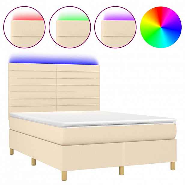 vidaXL Box spring postel s matrací a LED krémová 140x190 cm textil