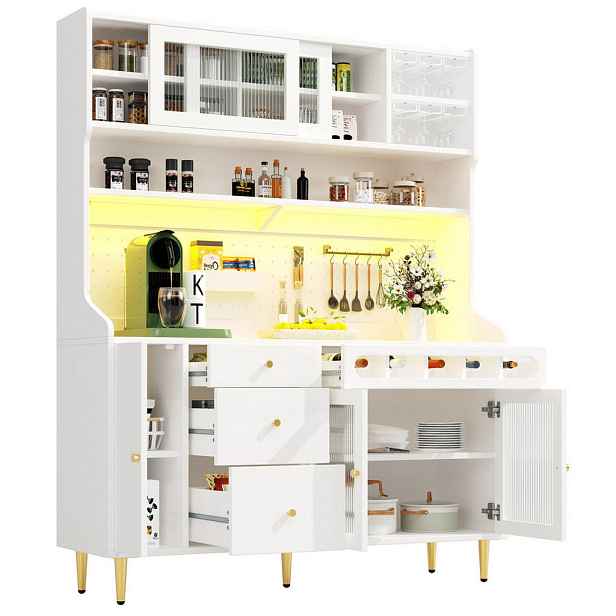 Modenvie BUFFET skříň z MDF a skla, 145/39/171 cm bílá, s LED osvětlením a vinotékou
