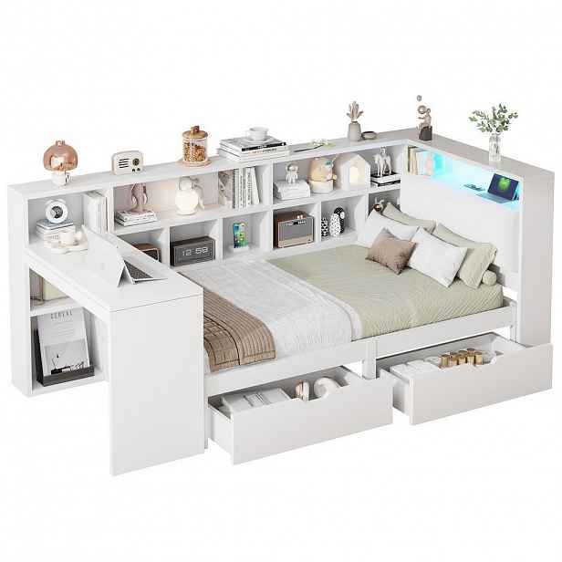 Modfu DĚTSKÁ postel z MDF a překližky 90x200 cm bílá s psacím stolem, knihovnou, LED osvětlením a úložným prostorem