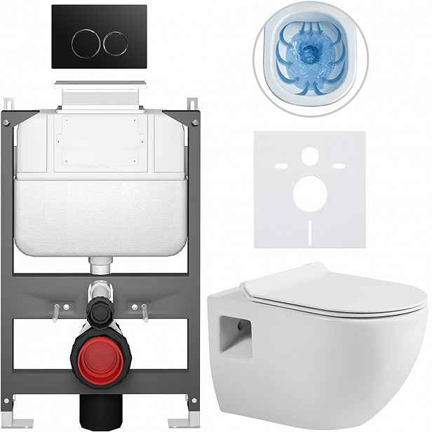 Kompletní WC set Basic/Dure - bílá lesklá - WC tlačítko Dualo/Černá - ovládání shora - předstěnová instalace - 51x35 cm