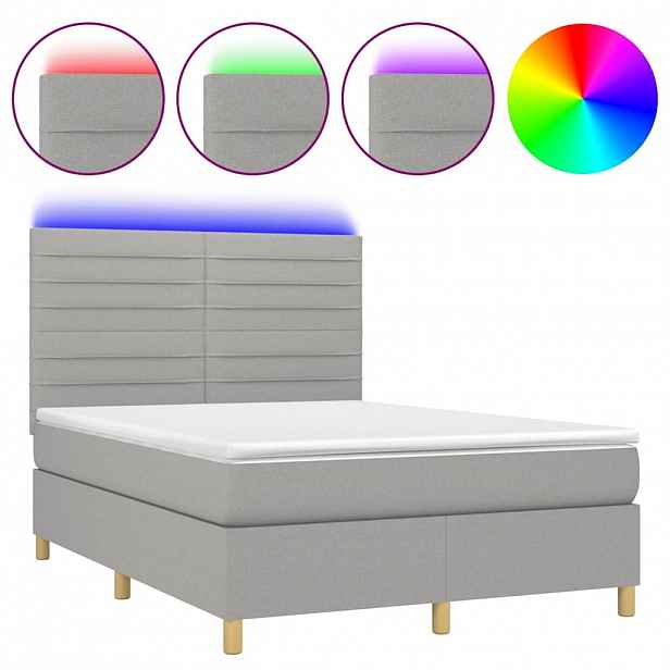 vidaXL Box spring postel s matrací a LED světle šedá 140x200 cm textil