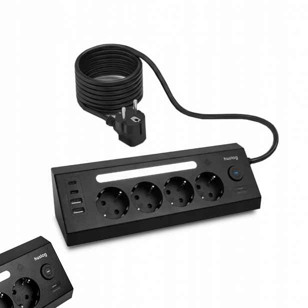 Prodlužovací Kabel lištový černý 4 zásuvky Schuko 4 porty Usb 1,80 m Led Huslog